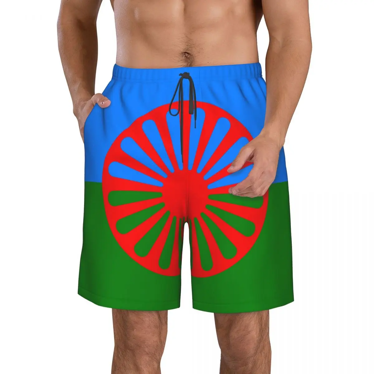 Romani People Rom Gypsy Flag Mens Swim Trunks Qucik Dry Board Beach Shorts Bathing Suit for Men Boardshorts Lightweight