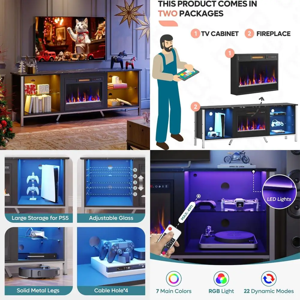 

70-80 Inch TV Stand with 23 Electric Fireplace, Modern Entertainment Center for Gaming Consoles