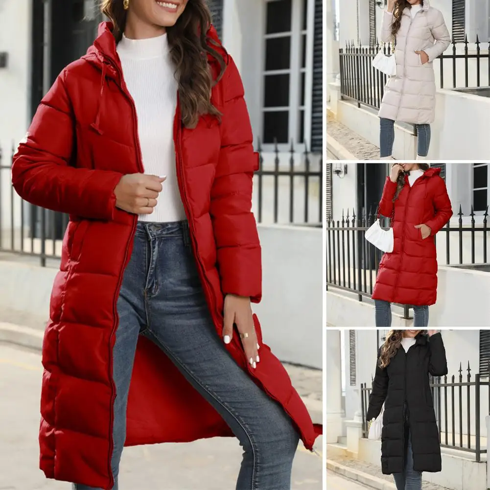 Women Down Coat Long Style Women\'s Winter Down Coat with Thick Padding Hooded Neck Drawstring Zipper Closure Solid