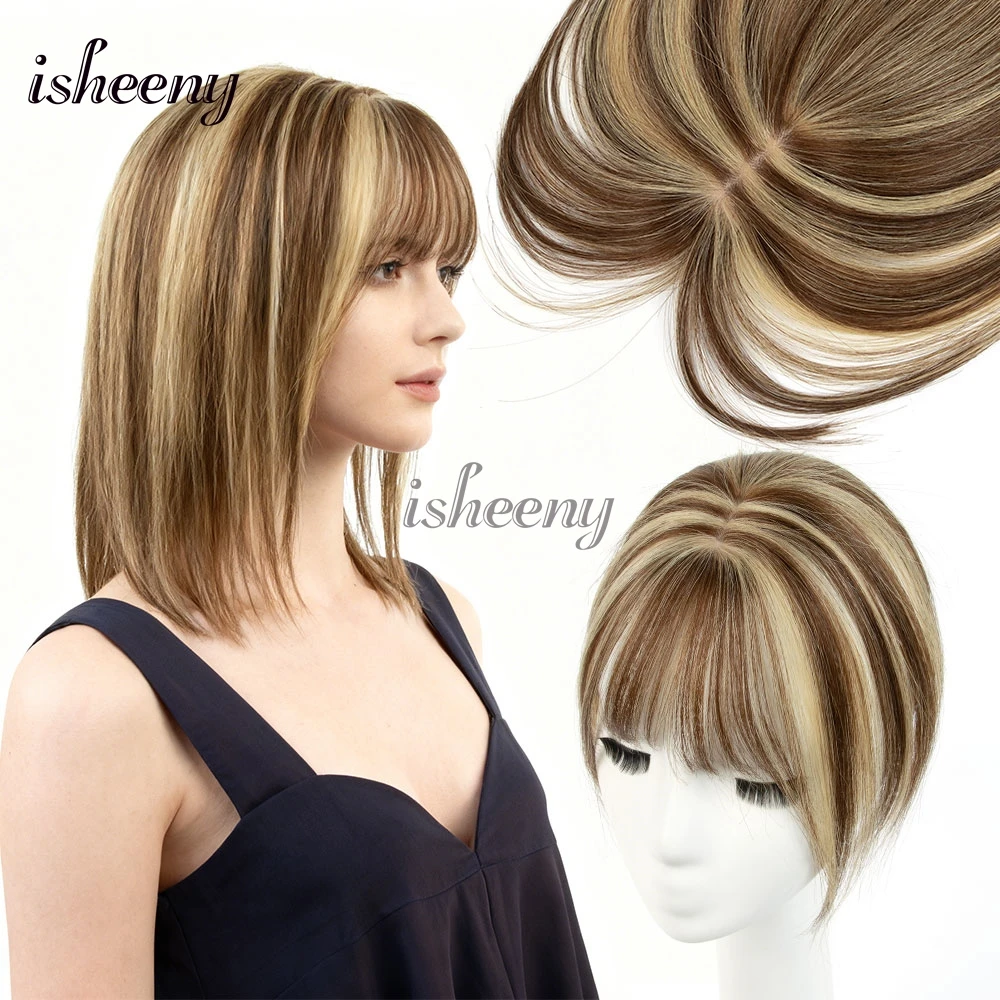 

isheeny Balayage Human Hair Topper 8"-14" Real Natural Straight Top Human Hair Piece Center Part with Air Hair Bangs Thinning