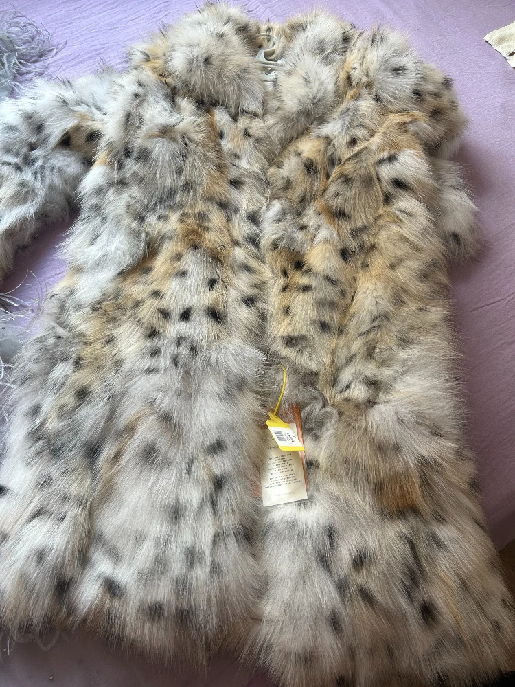 Weißer langer Kunstpelzmantel mit Leopardenmuster und gekerbtem Kragen und Gürtel, pelzige Jacken, flauschige, warme Kunstnerz-Plüschmäntel, dicker Mantel mit Gürtel