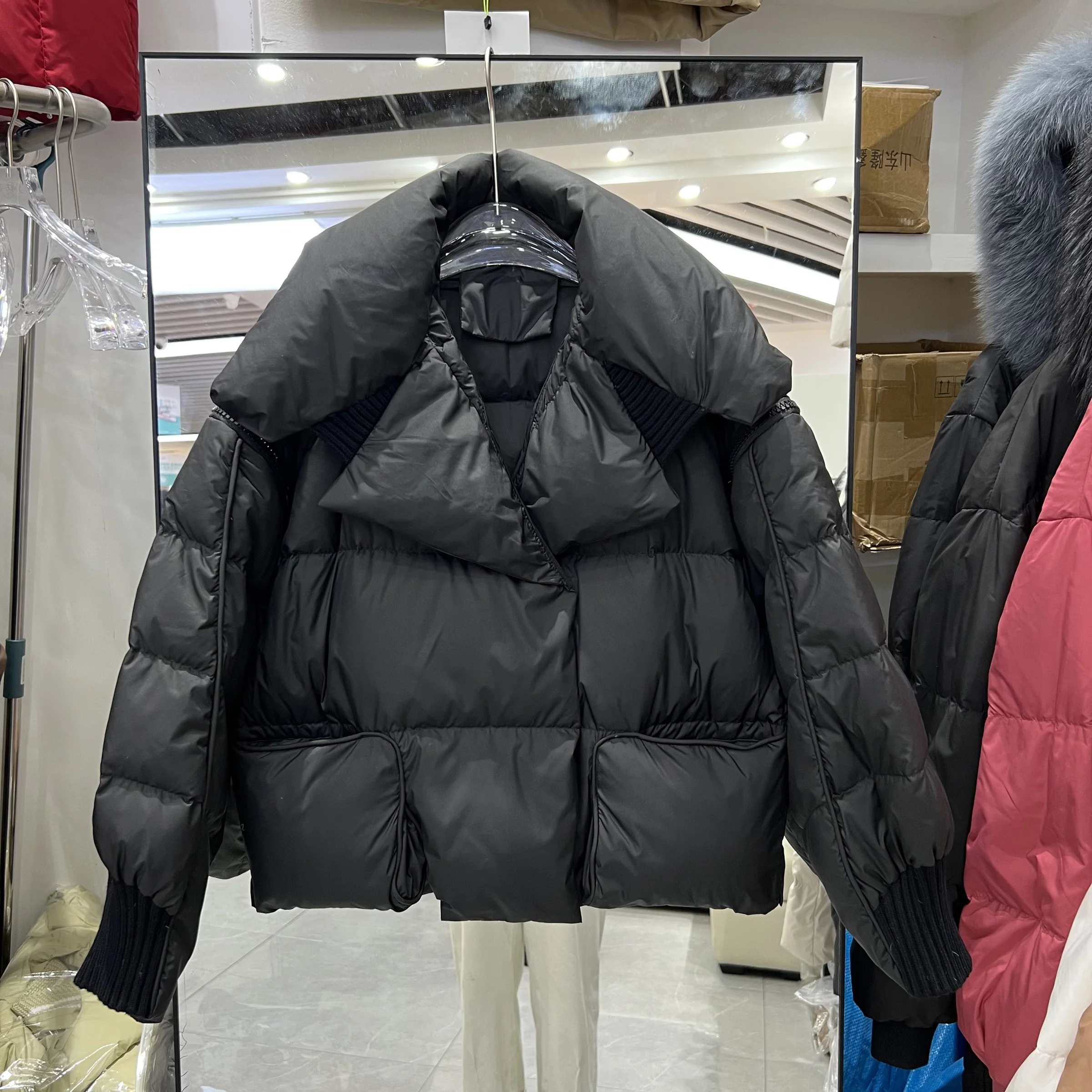 高級ホワイトダックダウンショートダウンジャケット冬のファッションニットスプライシング大きな折り返し襟厚みのあるパファージャケットパーカー