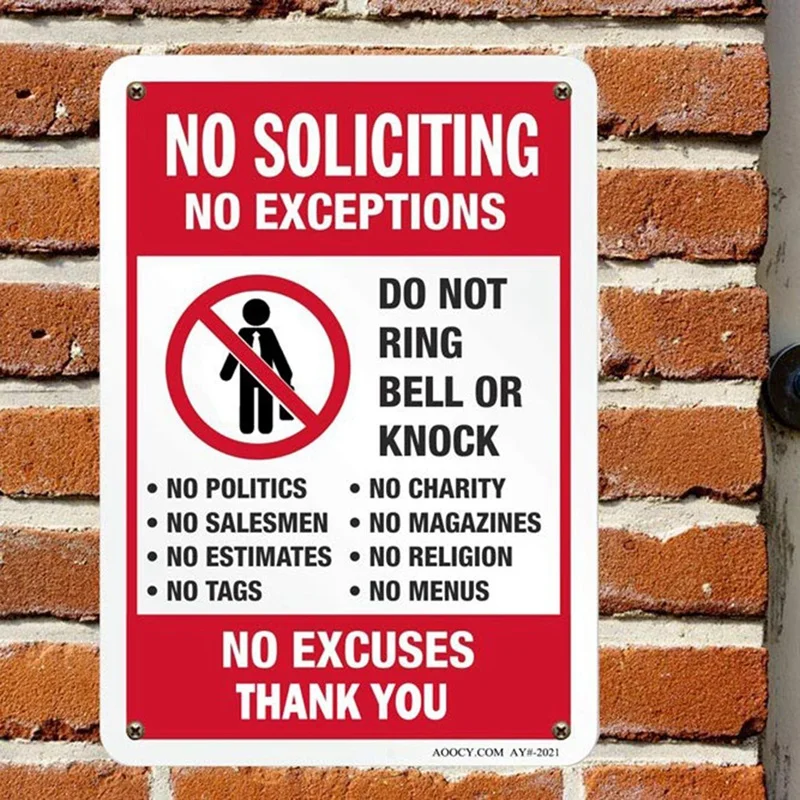 No Soliciting Sign, Funny Decor For House Door Office Business Yard,Metal Aluminum Rust Free, No Excuses, No Exceptions Durable