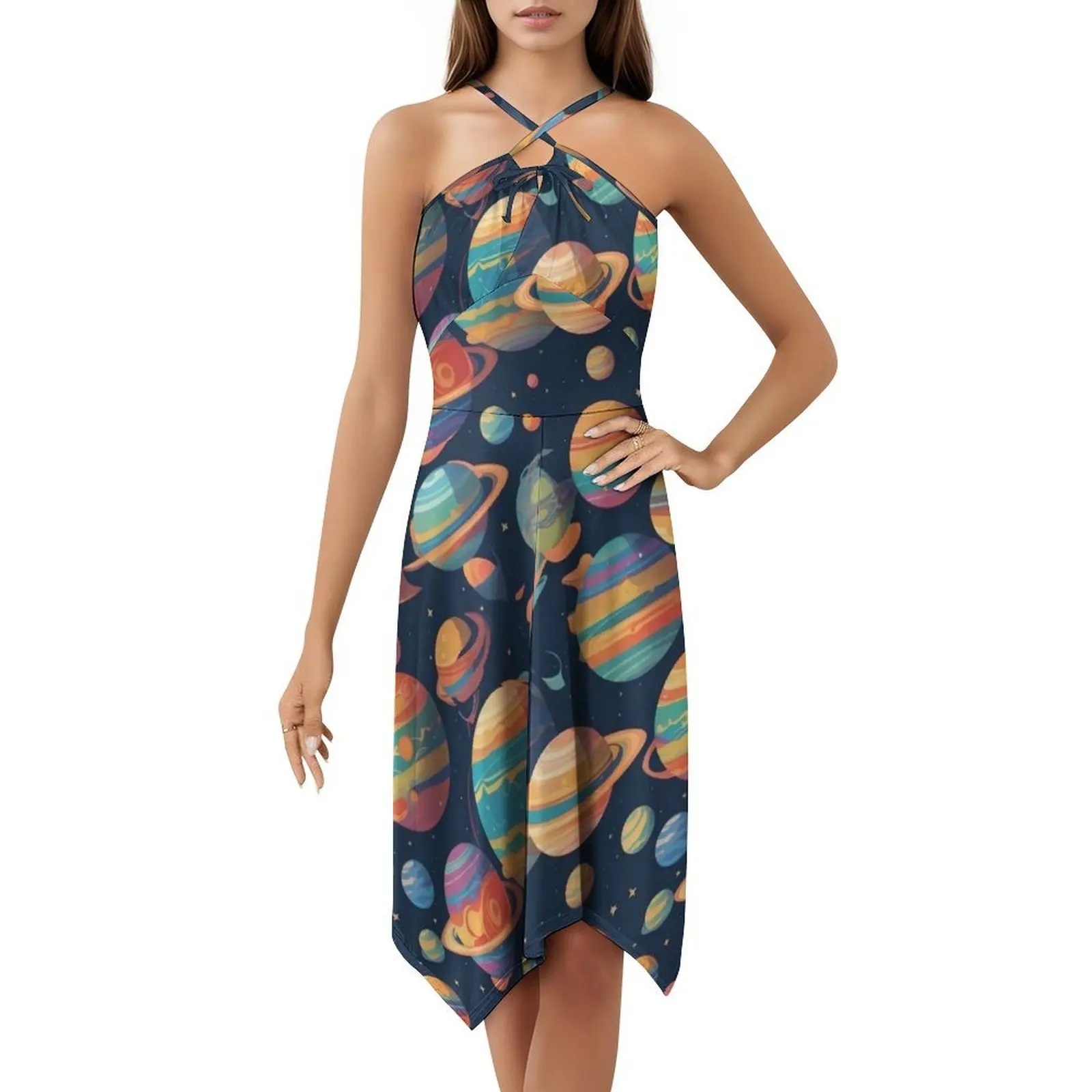 فستان حفلات أنيق للنساء من Planets فستان على شكل حرف a مع خيارات قصيرة/طويلة/بدون أكمام للنظام الشمسي والشمس والأرض والقمر أنثى #5