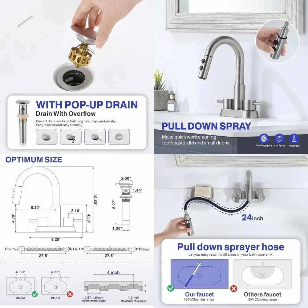 

4 Centerset Laundry Sink Faucet with Pull-Out Spray, Brushed Nickel, 3-Hole, 2 Handles, KBL-6002BN