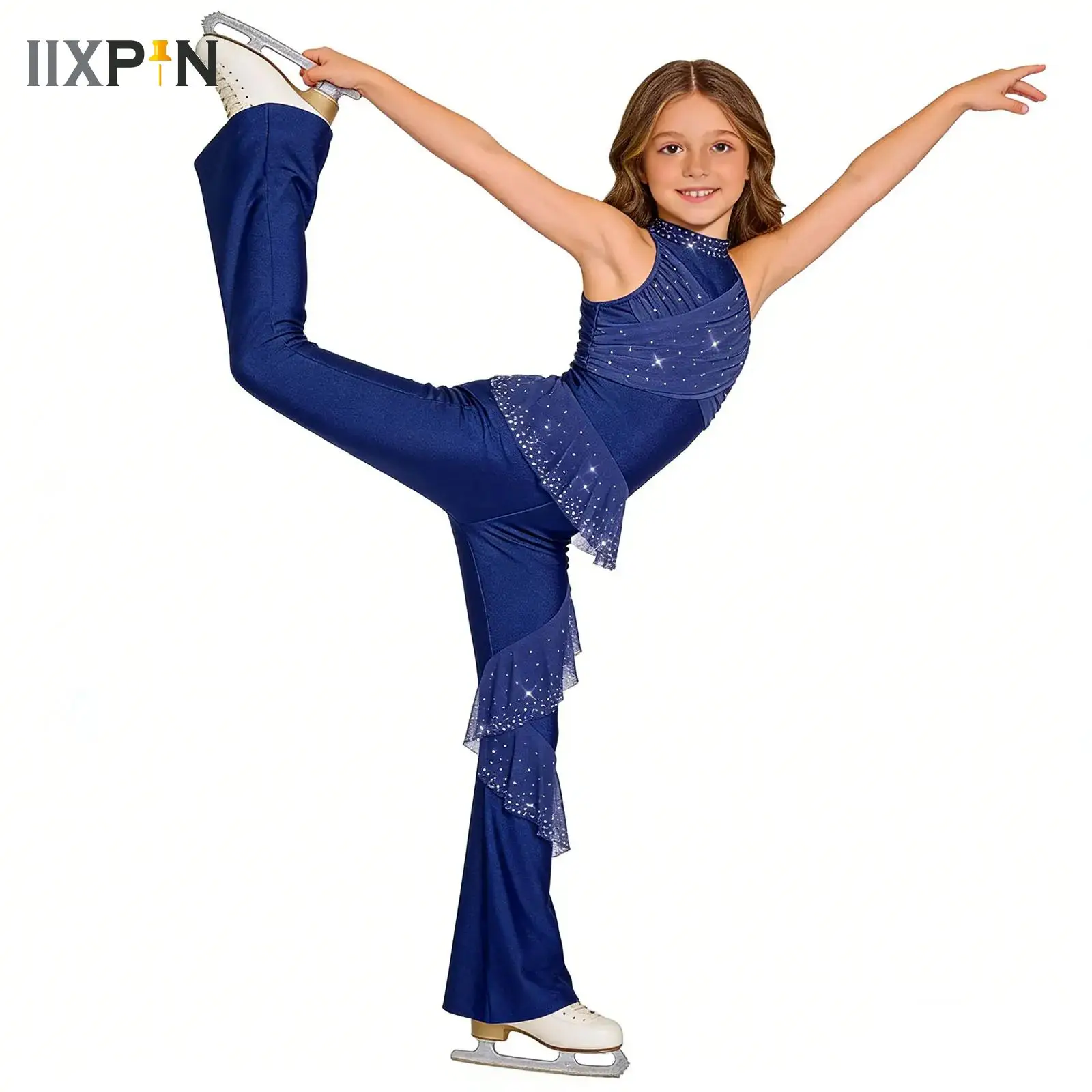 

Kids Girls Sparkling Rhinestones Latin Bodysuit Dance Performance Costume Ruched Mesh Ruffles Ballet Bell-Bottom Leotard Dress