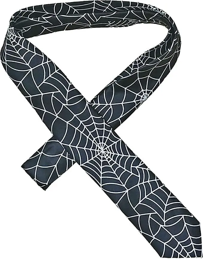 Spider Web Black Classic Tie for All Occasions Silk Feel Slim Novelty Soft Skinny Neck Tie for Halloween Party Fashion