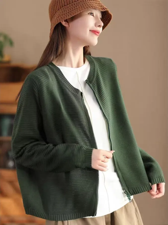 سترة نسائية مفتوحة من القطن المحبوك غير رسمية سترة طويلة Sve سترة Jaet برأس مزدوج وسحاب فضفاض مناسب للخريف والشتاء Sle