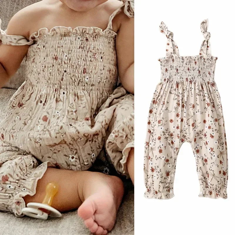 

0-24M Baby Girls Floral Jumpsuits Tie-up Suspender Pants Overalls Infant Romper Toddler Summer Clothes 2025 New