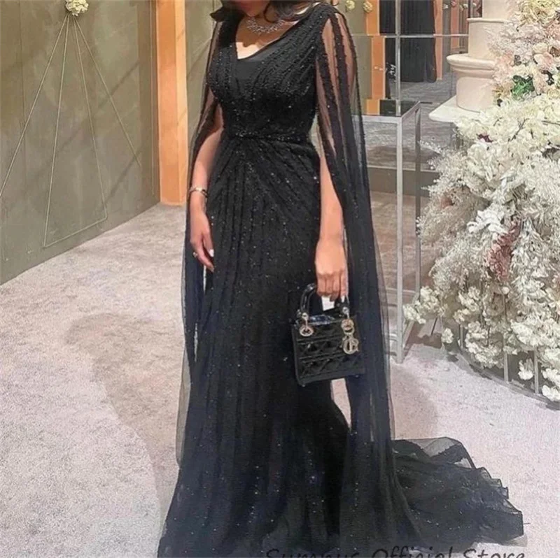 SUMNUS Luxury Elegant Mermaid Evening Party Dress Black Arabic Long V-Neck With Cape Sequined Formal Prom Dresses Robe De Soiree