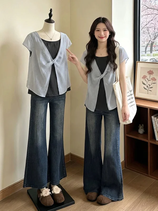 

Summer New plus Size Women's Shirt Cover Belly Anti-Aging Short Sleeve Chiffon Blouse Korean Style Commute Wind Loose Fit