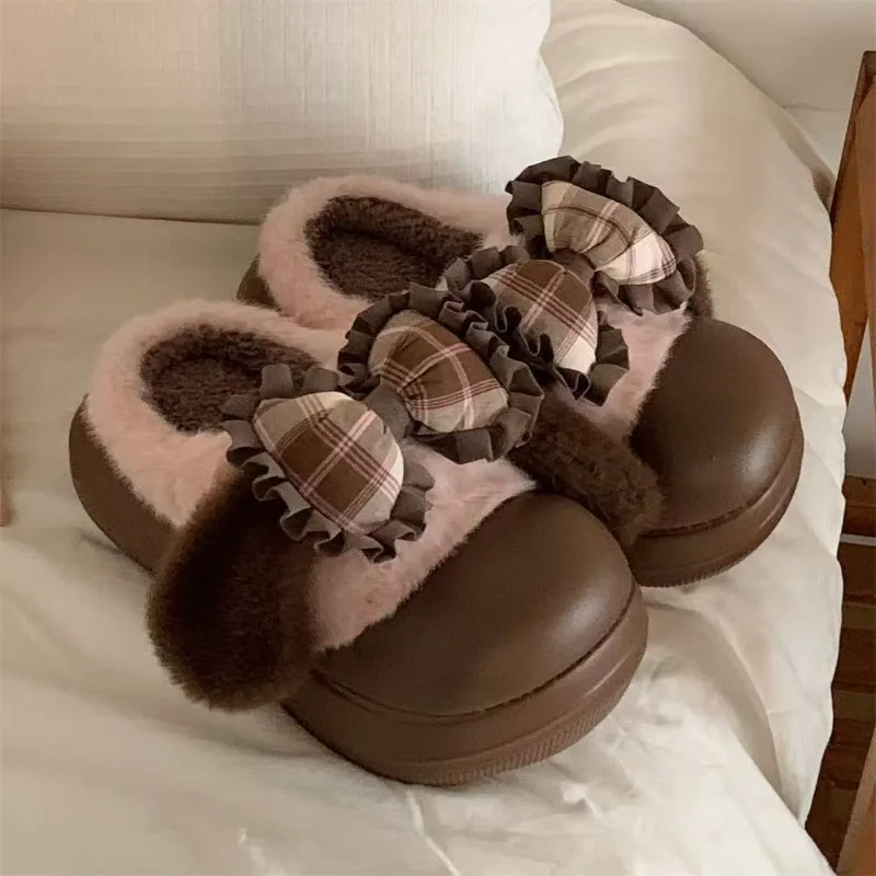

2026 Winter Cute Big Eared Cotton Slippers with Wool Warmth Indoor Thick Bottom Waterproof Women's Cotton Shoes