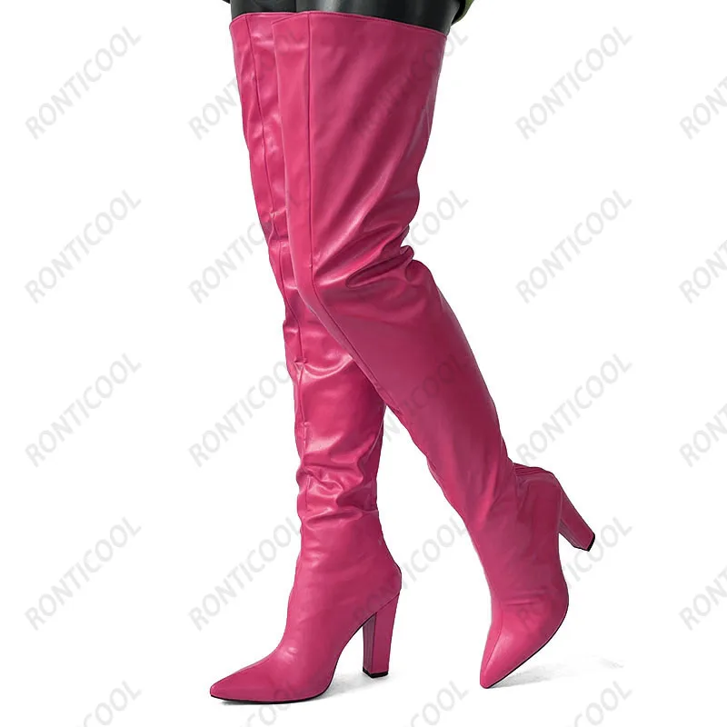 Ronticool Handmade Women Winter Thigh Boots Faux Leather Chunky Heels Pointed Toe Orange Club Shoes Us Plus Size 5-15 image 5