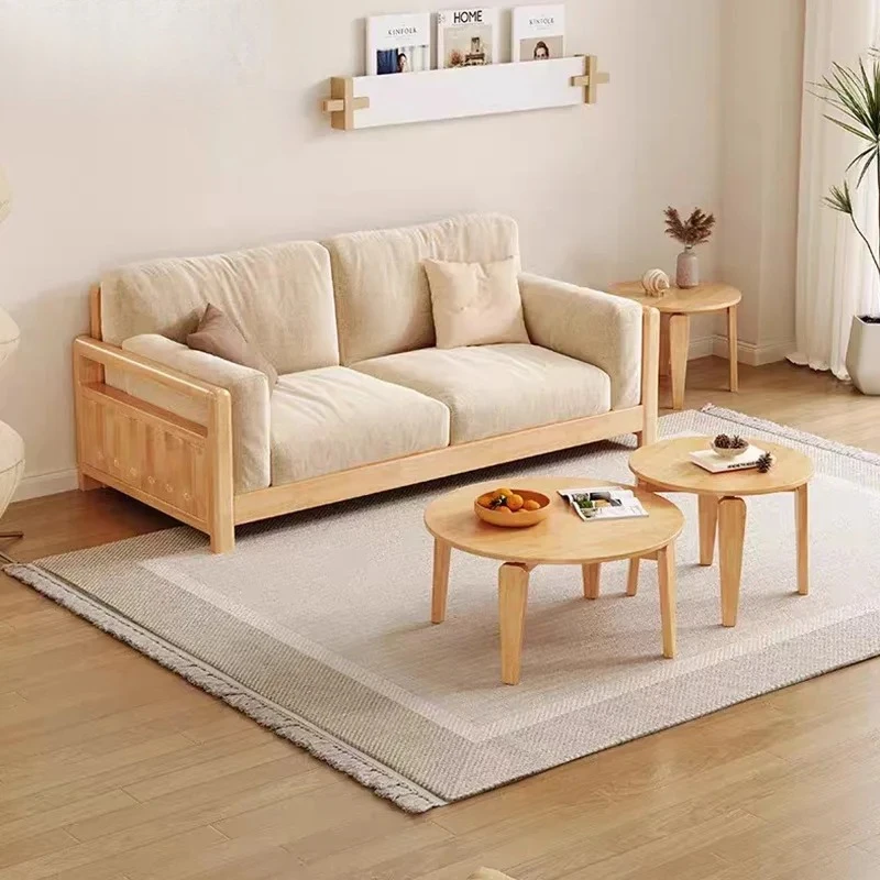 Nordic solid wood sofa combination small apartment 1.6M straight row sofa rental room apartment cream wind wood plus cloth sofa