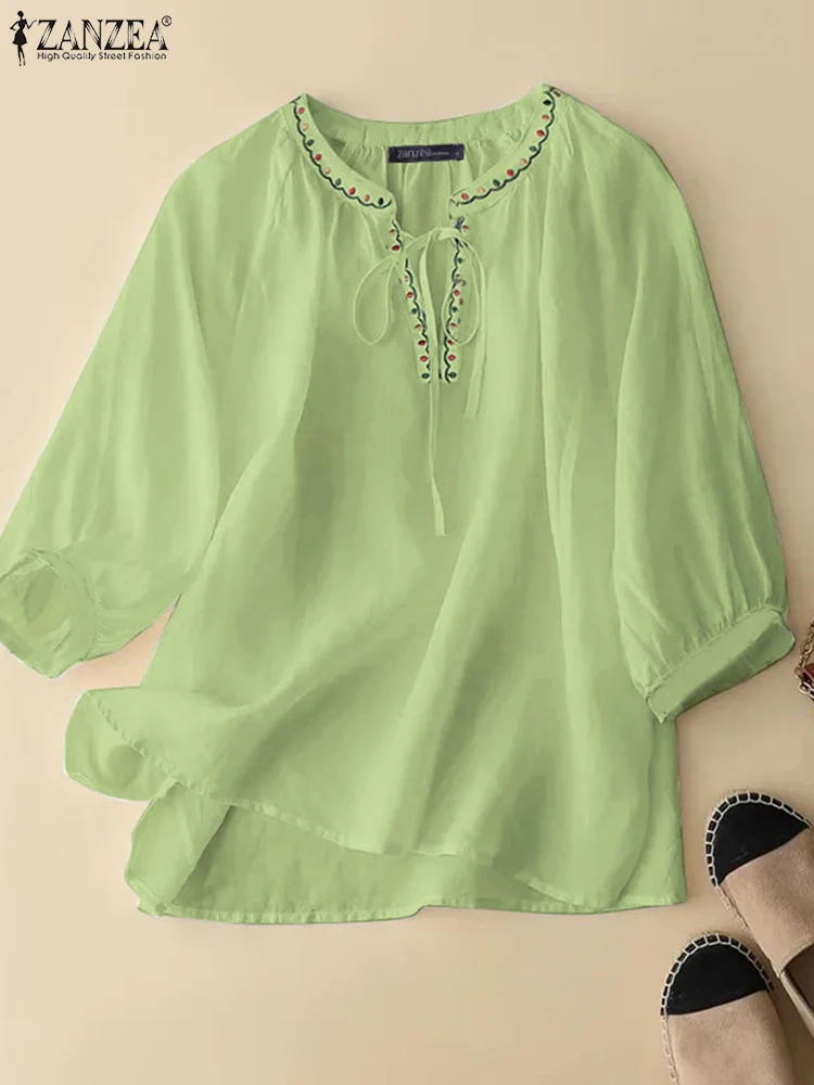 

2025 ZANZEA Summer Blouses Women Elegant Work Shirt Casual O Neck 3/4 Sleeve Tops Tunic Loose Chemise Embroidery Blusas Oversize