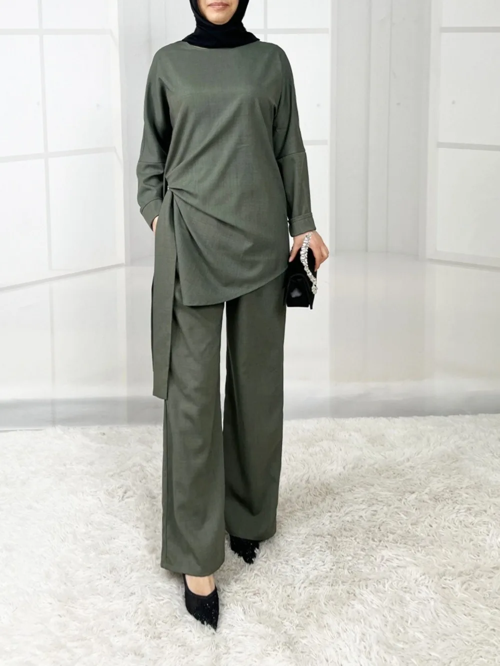 

Eid Muslim Set Women Top Shirt 2 Piece Set Cotton Liene Blouse Long Sleeve Shirts Pant Suits Saudi Arabic Musulman Ensembles