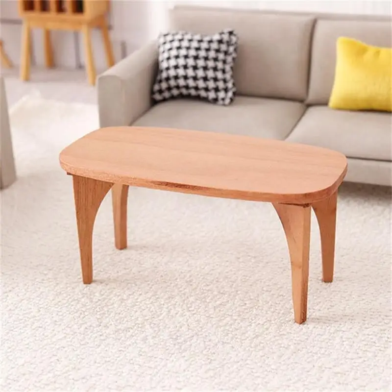 Cute Dollhouse Miniatures Cherry Wood Coffee Table Desk Model Mini Furniture Ornaments Kids Pretend Play Toy DIY Accessory Gifts