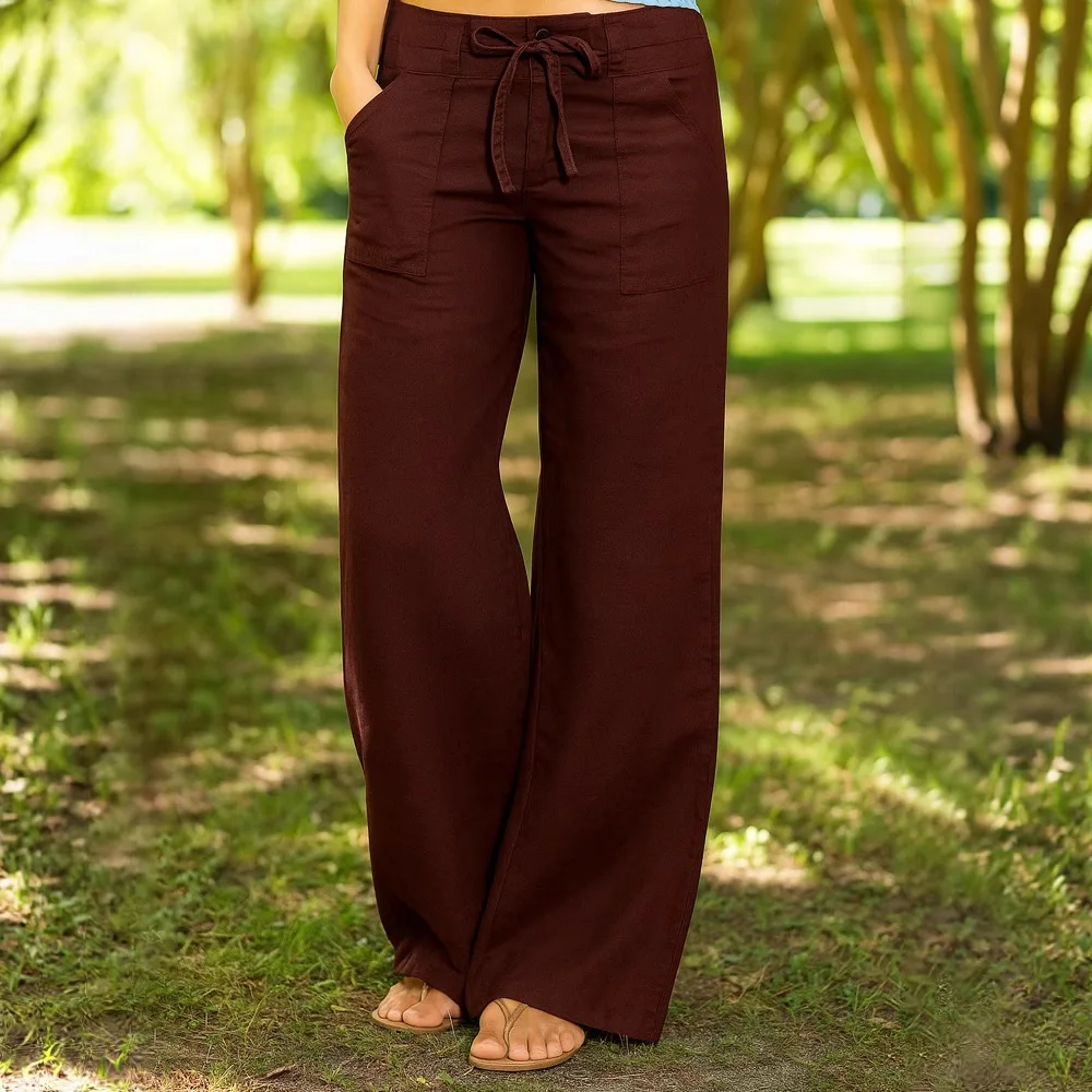 Pantaloni casual da donna in cotone e lino larghi tinta unita con tasca elastica in vita dritta con cinturino a vita alta tinta unita