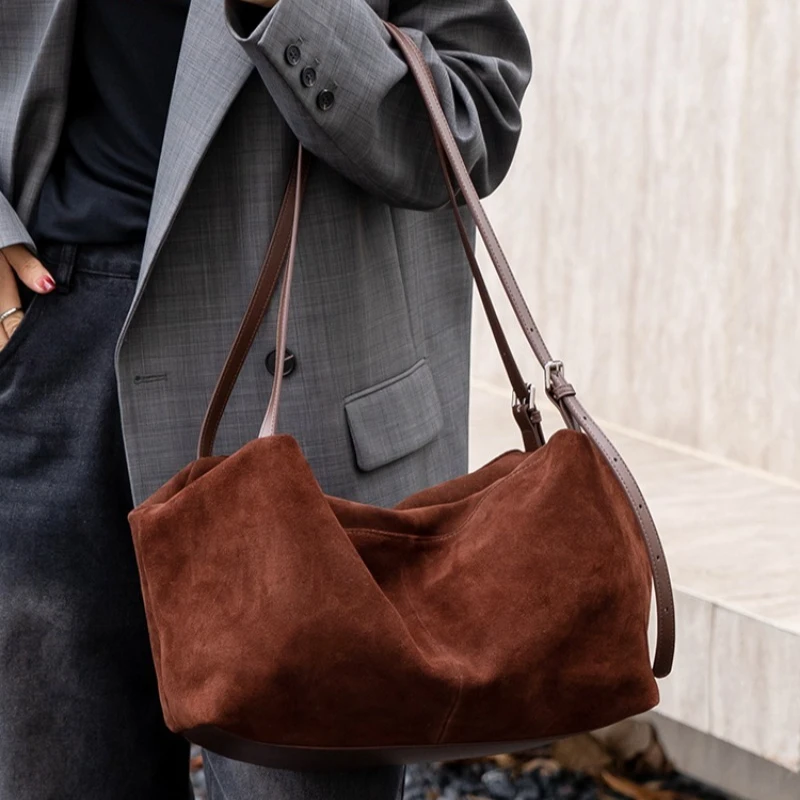 

Women's Suede Genuine Leather Shoulder Bags Ladies Frosted Cowhide Crossbody Bag Female Design Luxury and Lazy Commuting Handbag