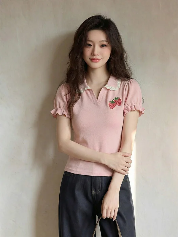 Korean Style Pink Strawberry Embroidery Bubble Sleeve T-Shirt Women Summer 2026 Youthful Cotton Short Sleeve Casual Top
