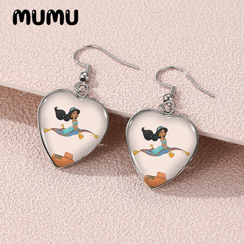 2024 New Aladdin with Princess Jasmine Dangle Earring Heart Shaped Earrings Handmade Glass Dome Jewelry Gifts Fans
