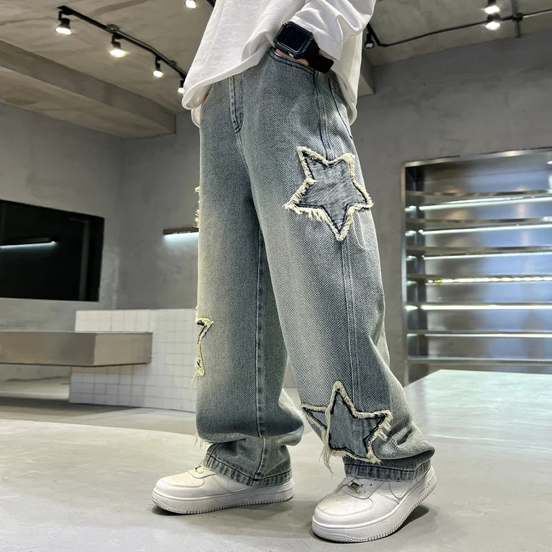 Boys\' pants spring and autumn five-pointed star splicing raw edge jeans boys wide-leg pants washed denim youth pants 7-14 years
