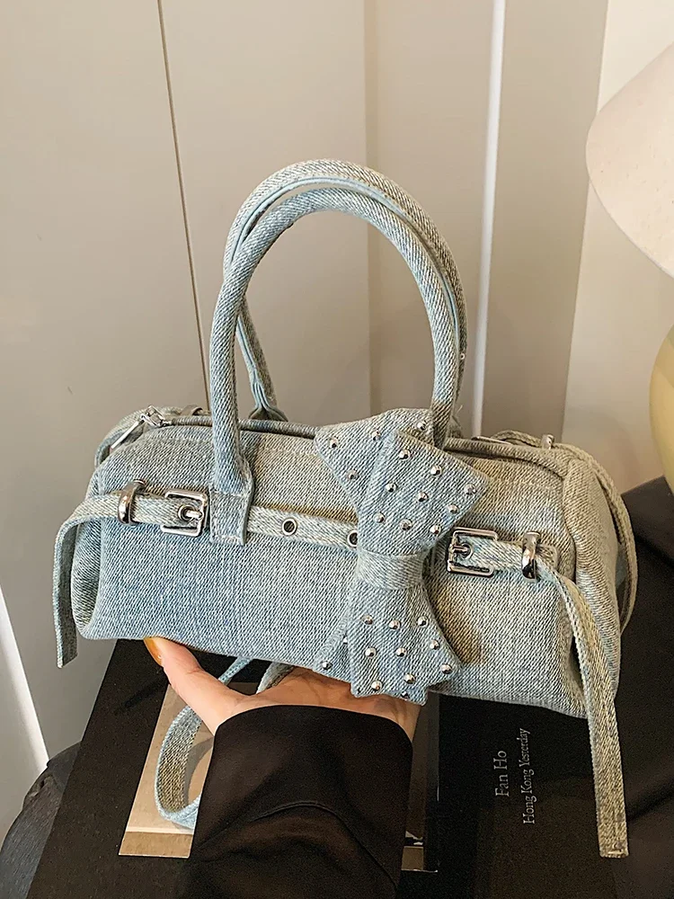 

Модные женские джинсовые сумки с шикарным бантом и бриллиантами, универсальная сумка на одно плечо, винтажные женские сумки-мессенджеры в корейском стиле