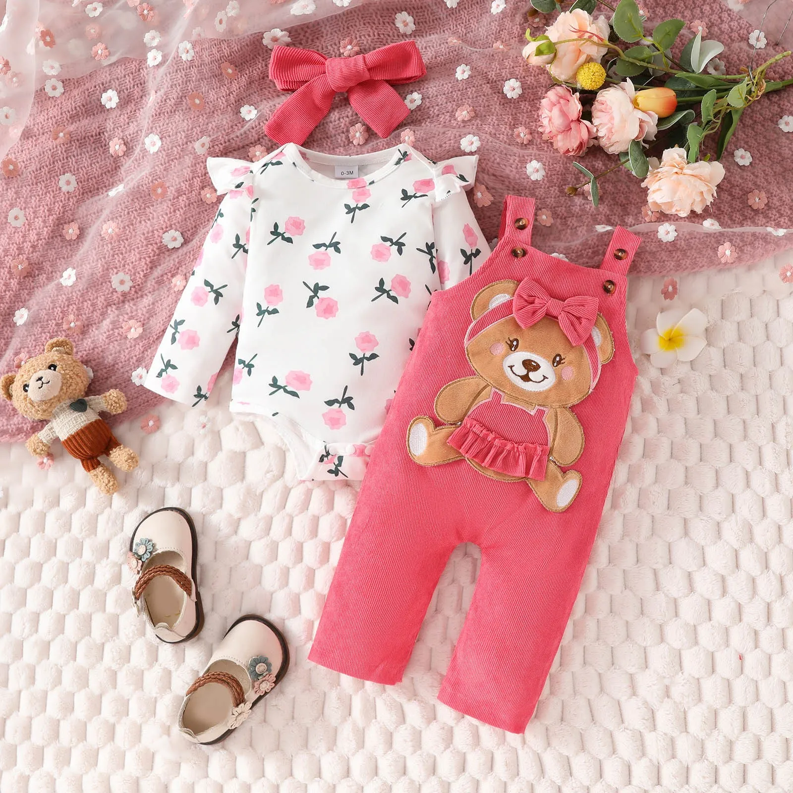

3pcs Baby Winter Clothes Pink Overalls Pants Toddler Girl Fall Outfits Long Sleeve Rompers + Suspender Pants Sets + Headband