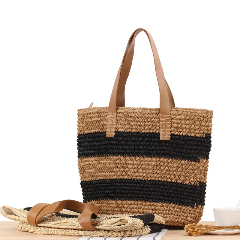 Women One-shoulder Straw Woven Bag Simple Striped Handmade Woven Handbag Holiday Beach Leisure Bag Girl Decorative Basket