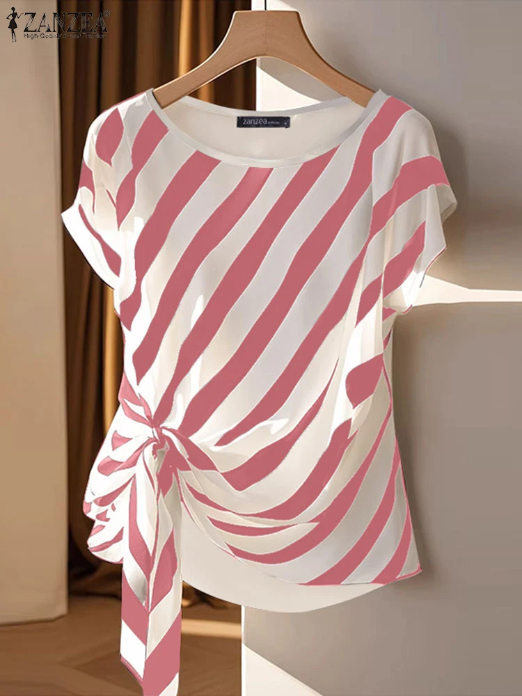 ZANZEA 2024 Fashion Striped Printed Tops Loose Short Sleeve Blouse Casual Holiday Summer Belted Tunics Casual Korean Simple Tops