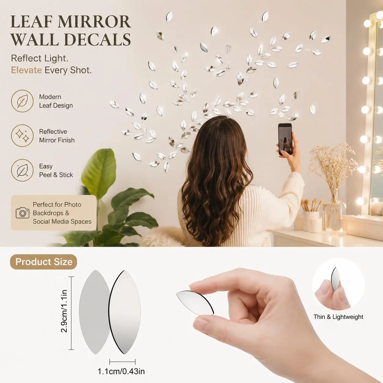100/200pcs Mirror Wall Stickers, Self-Adhesive Mirror Decals for Wall, Mini Leaf Reflective Peel and Stick Stickers