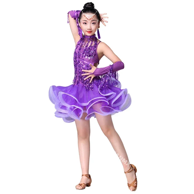 Children's Latin Dance Costumes Children's Latin Skirt Sequins Performing Competition Costume Girls Salsa Dancing Tassel Dress