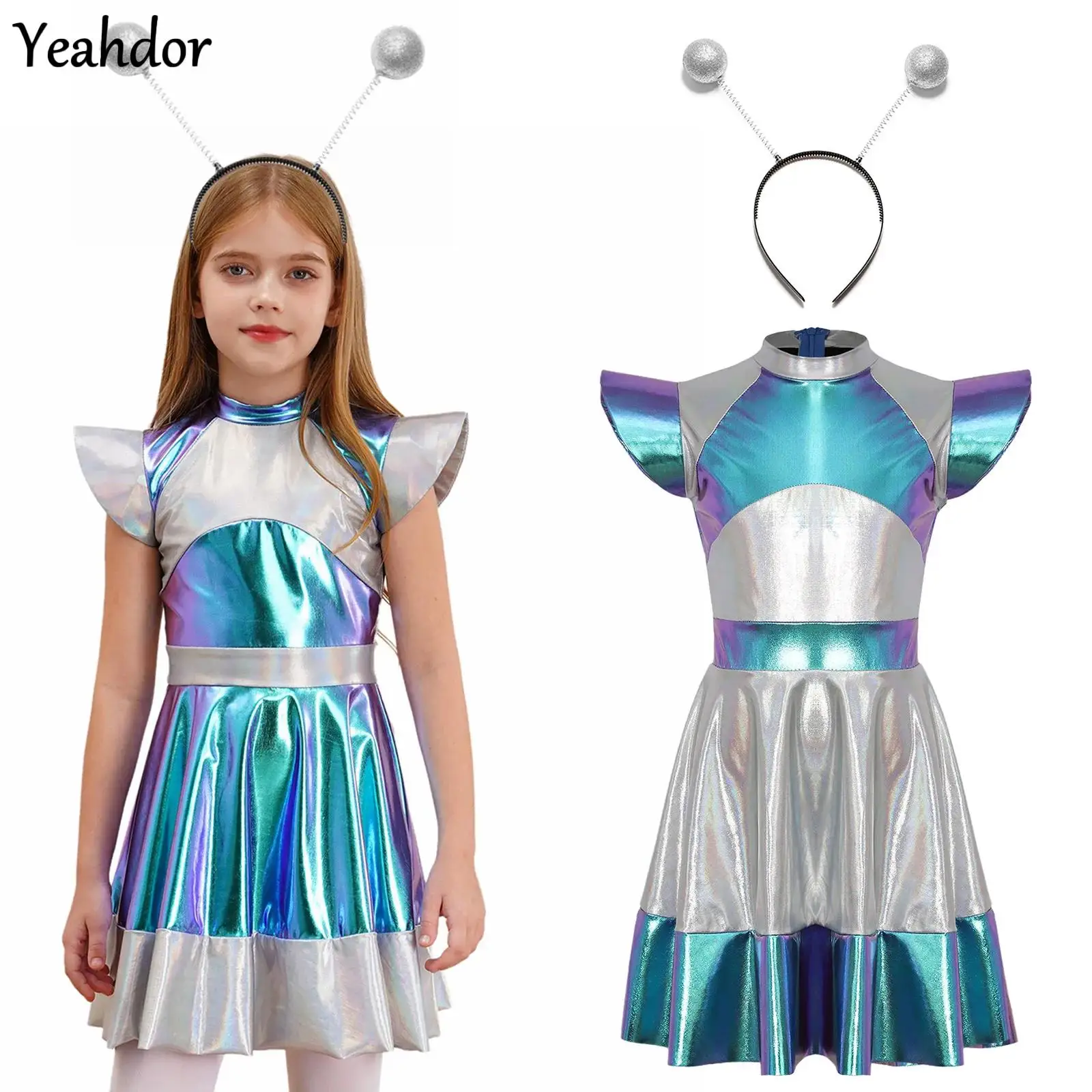 

Girls Metallic Shiny Outerspace Halloween Alien Cosplay Costume Cap Sleeve Gradients A Line Tutu Dress +Hair Hoop Future World