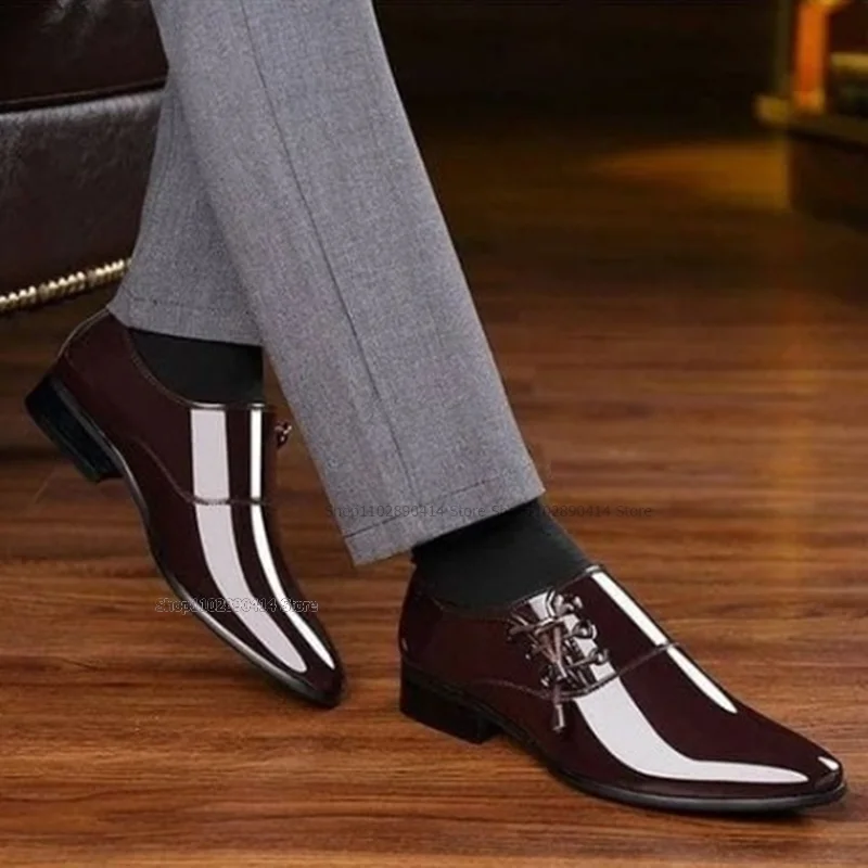 Strappy Decor Burgandy Patent Leather Shoes High Quality Fashionable Men's Shoes Formal Male's Dress Shoes Novel Low Top Shoes