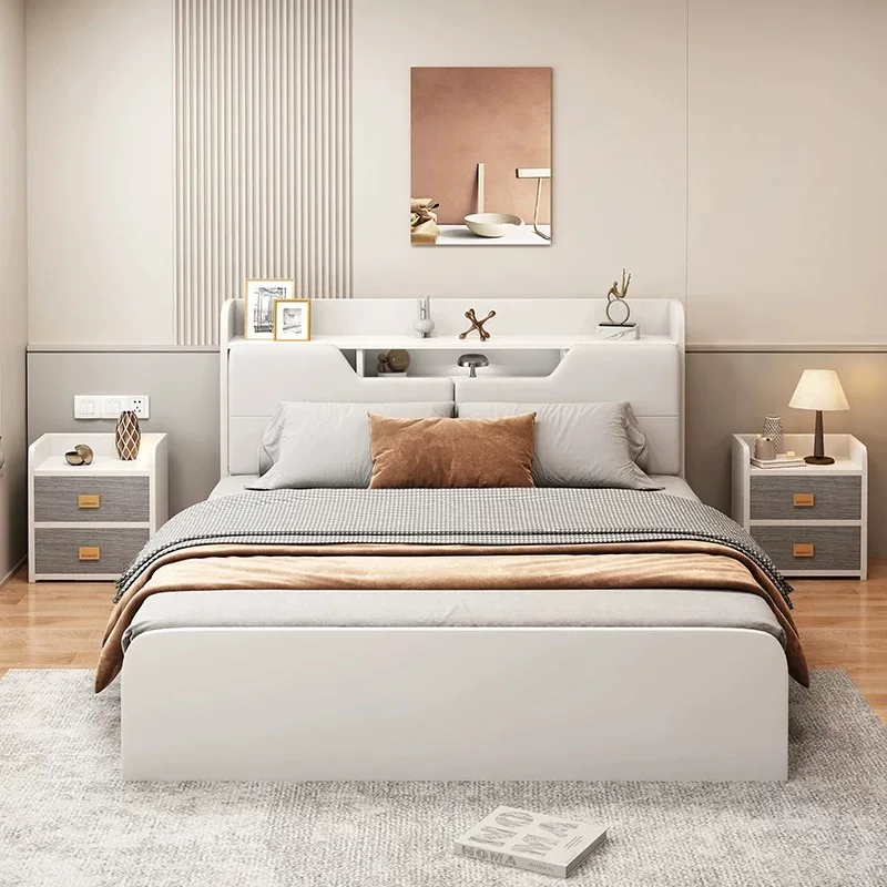 

ⅹ-Wooden Bedroom Furniture Leather Soft Headboard Storage Light High Box Double Bed with Nightstand&