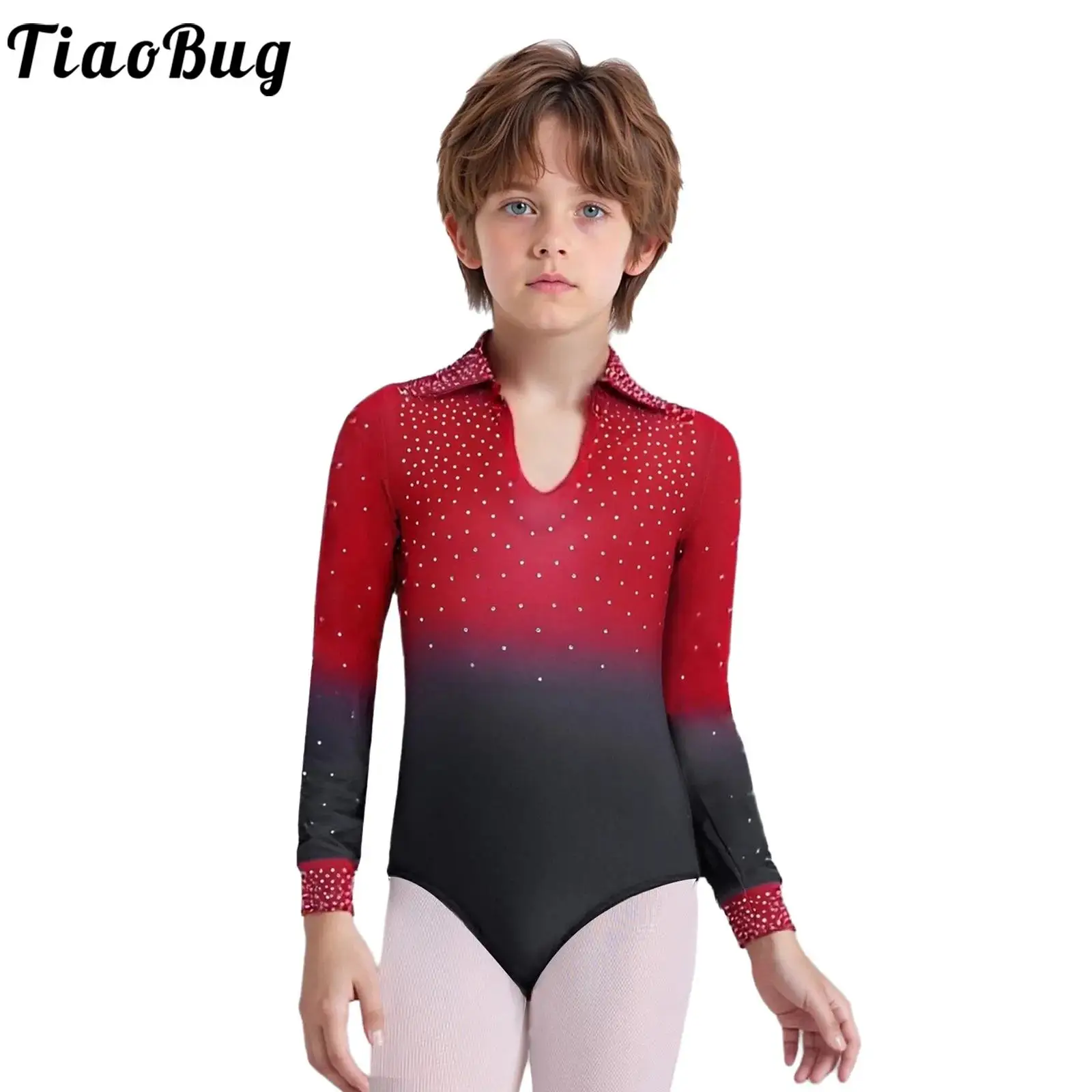 

Kids Boys Jazz Figure Skating One-piece Dance Bodysuit Shirts Long Sleeves Gradient Leotards Gymnastic Latin Modern Dancewear