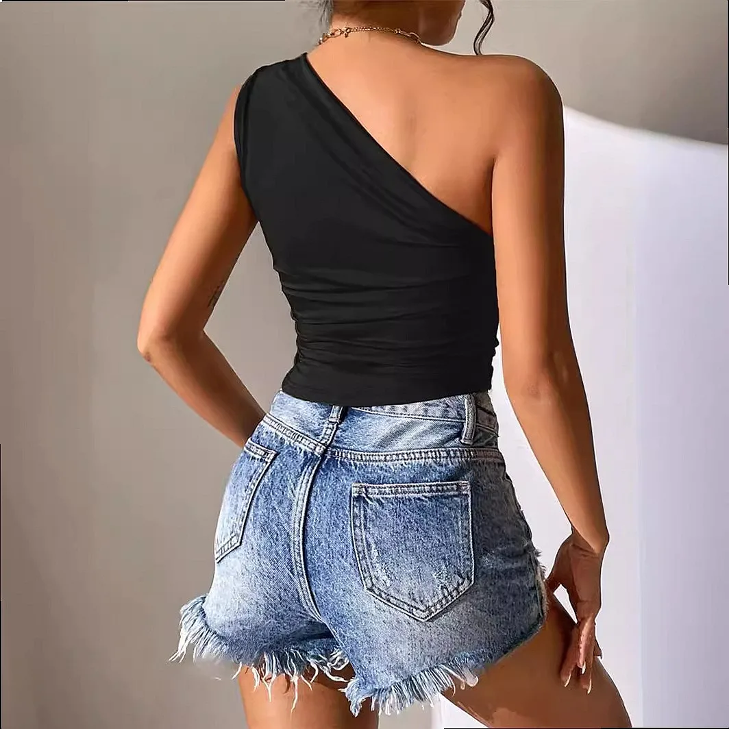 Sexy Asymmetric One-Shoulder Tee Tops for Women, Slim Fit Casual Blouses, Spring Summer Tops Tees