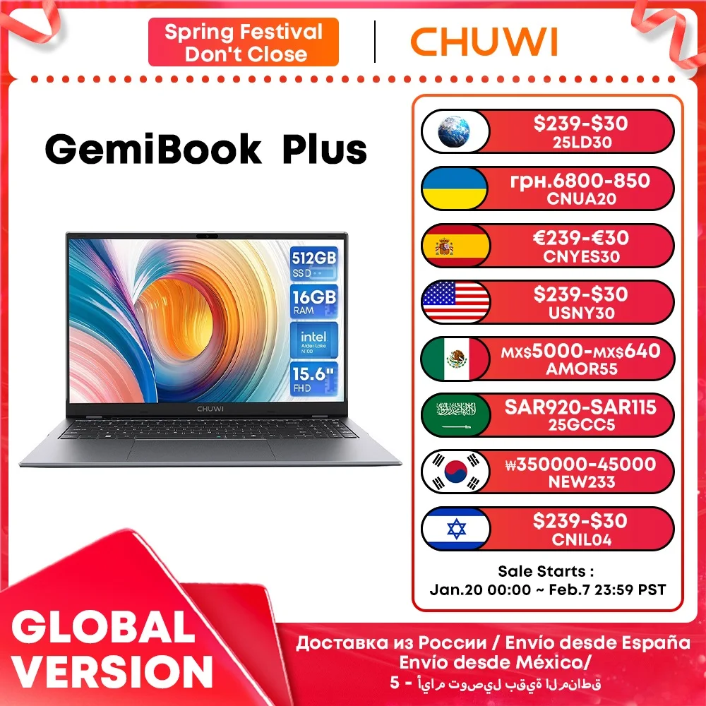 CHUWI GemiBook Plus Computadora portátil de 15,6 pulgadas 16 GB de RAM 512 GB SSD Computadora portátil Windows 11 12.a generación Intel Alder Lake