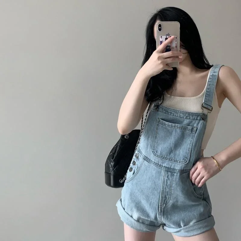 Macacão jeans afligido, verão lazer estilo formal chique Ulzzang botões retrô, macacão Harajuku, design de personalidade, 2023