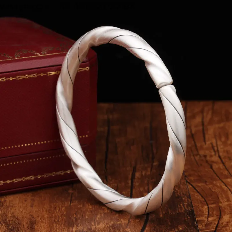 Twist Silver Bracelet 9999 Sterling Silver Men's Handmade Ancient Open Solid Trendy Men's Silver Bracelet
