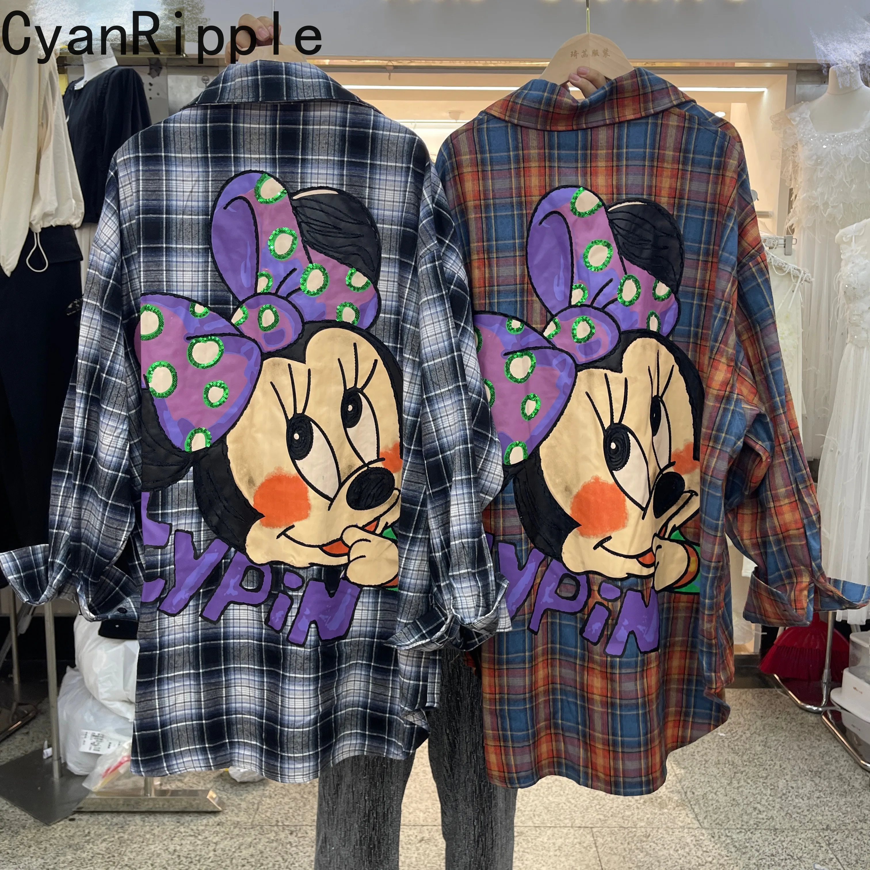 

Модные новые весенне-летние свободные рубашки в клетку, кардиганы оверсайз с длинными рукавами, милые женские повседневные блузки средней длины с принтом Минни