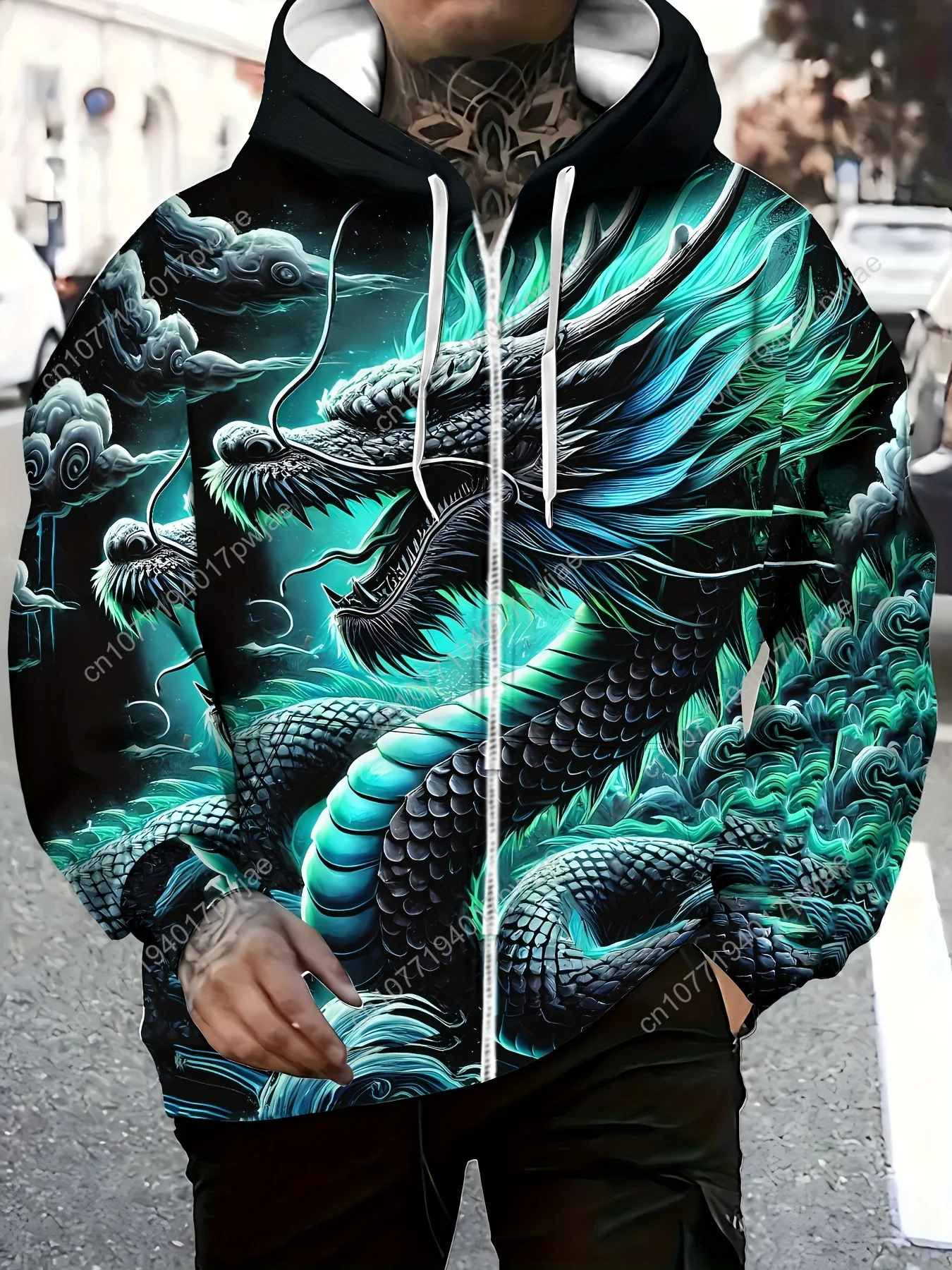 Sweat à capuche zippé à manches longues pour hommes avec motif de Dragon bleu, veste d'extérieur décontractée d'automne et d'hiver avec cordon de serrage et poches,