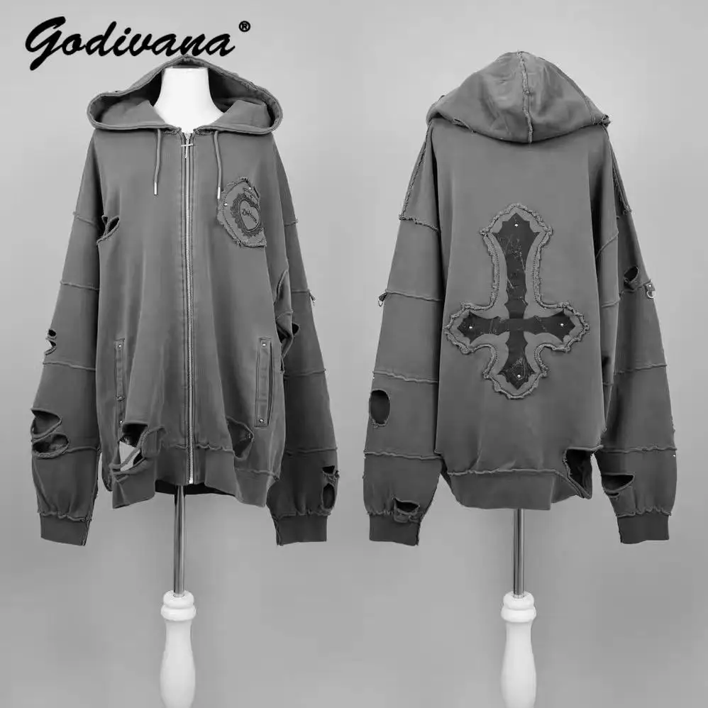 Japanese Mine Cross Ripped Goth Punk Hooded Sweatshirt Cardigan Jacket Women's Retro Subculture Zipper Hoodie Coat Outwear