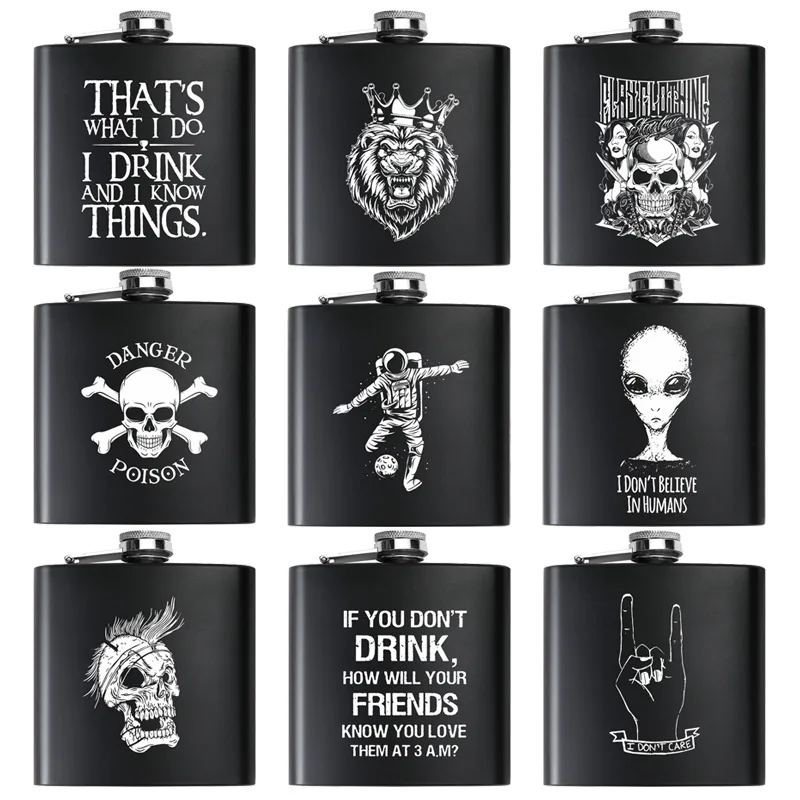 6oz Stainless Steel Outdoor Hip Flask Pocket Laser Print Hip Flask Portable Wine Whiskey Jug Bottle