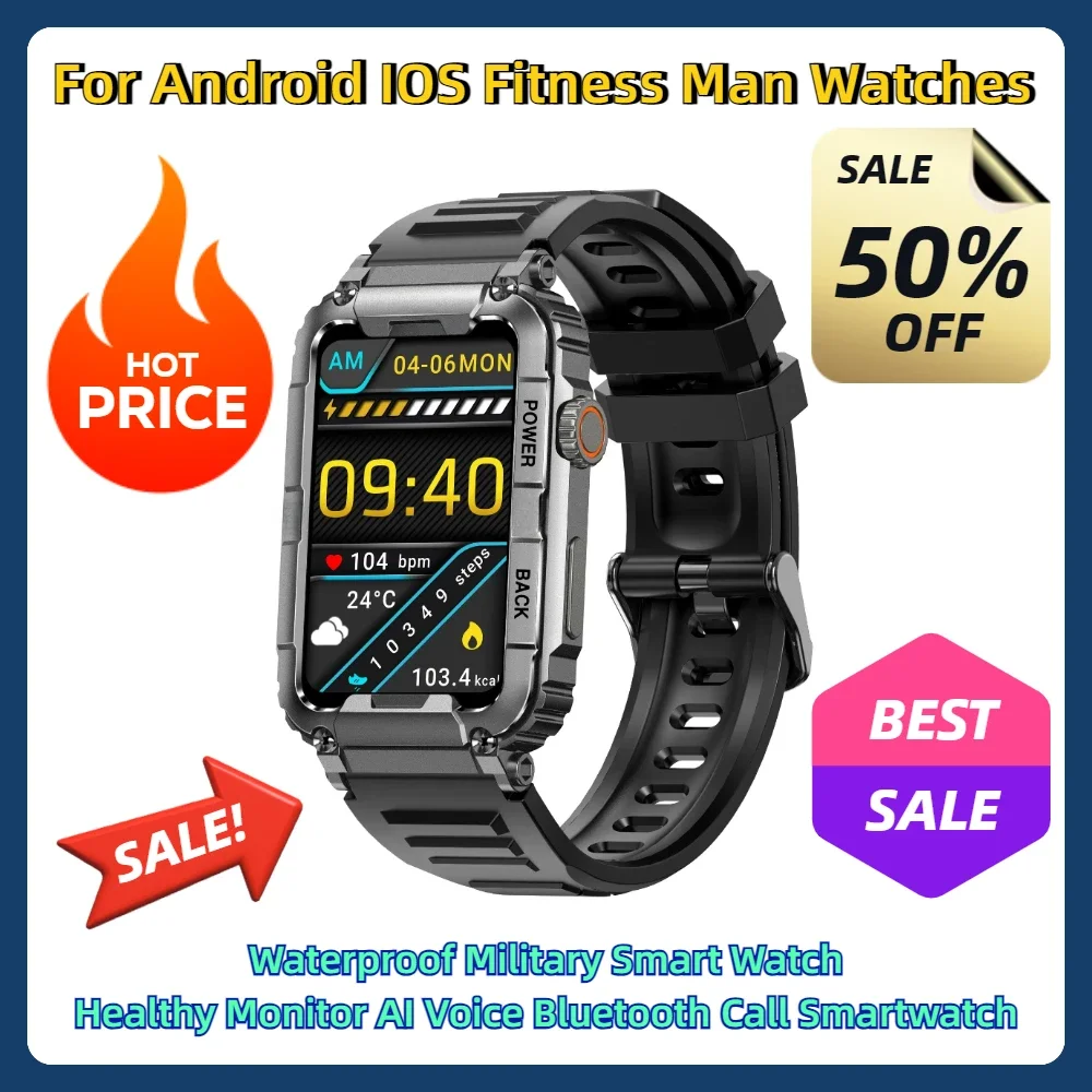 

For Android IOS Fitness Man Watches Smart Watch Waterproof Military Healthy Monitor AI Voice Bluetooth Call Smartwatch