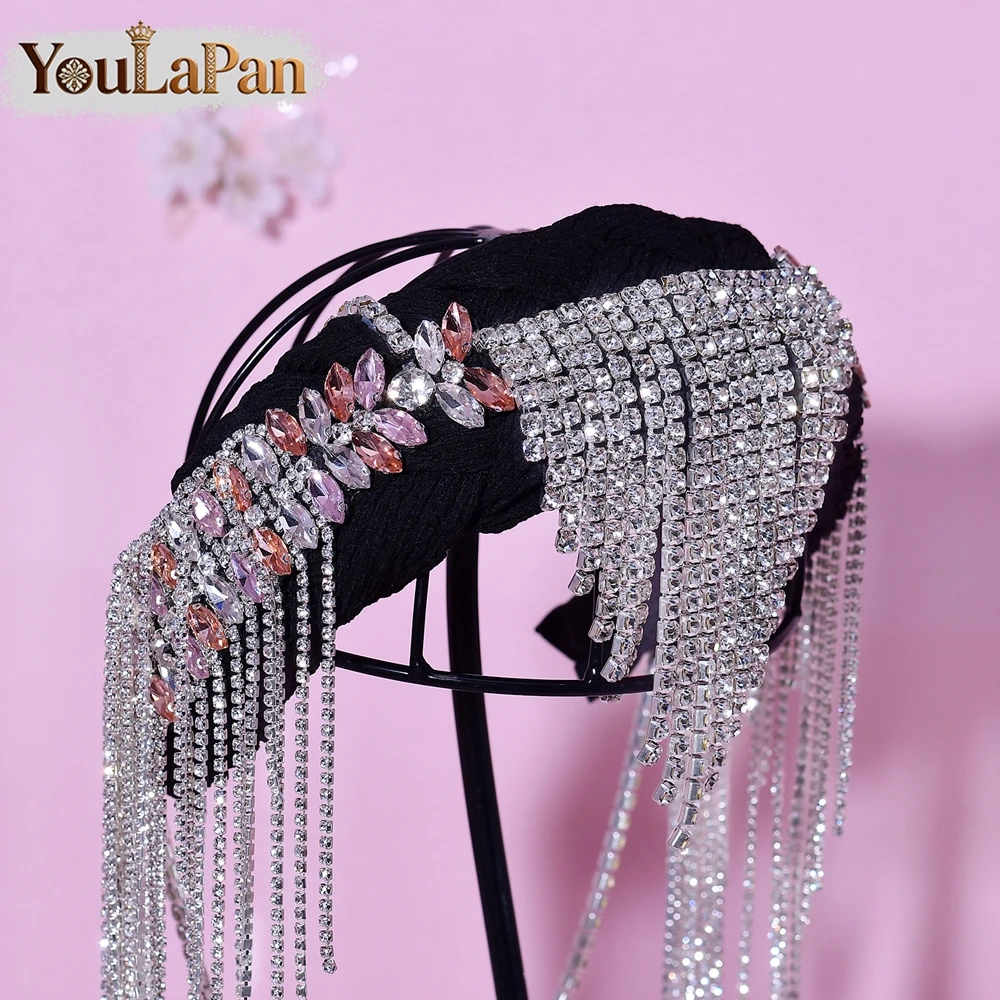 YouLaPan Luxury Rhinestone Tassel Bride Headband Black Color Wide Hairband Women Evening Party Prom Hair Accessories A340