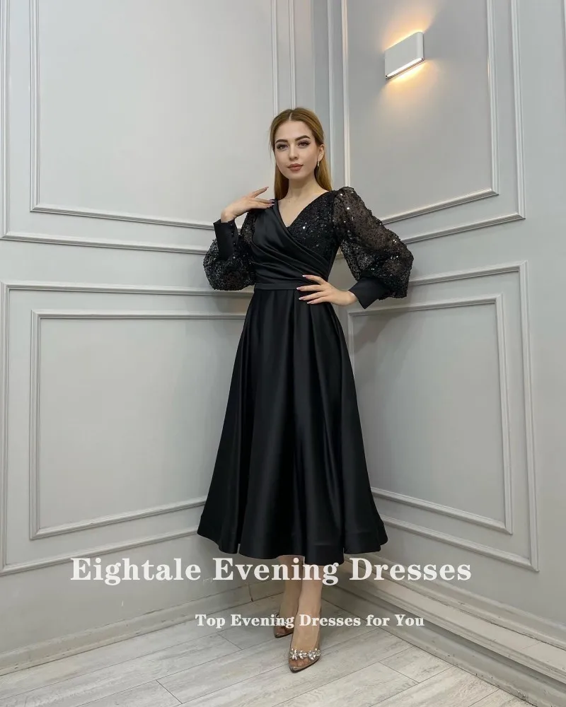 Eightale Emerald Green Prom Dresses V-Neck Glitter Long Sleeves Satin A-Line Customized Short Evening Party Gown Robe De Soiree