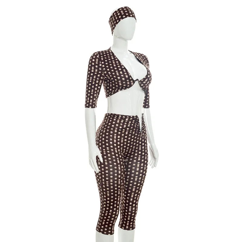 Damen 2-Teiliges Outfit mit Polka-Dot-Print, Tief Ausgeschnittenes Crop-Top + Hochgeschnittene Capri-Hose Set mit Stirnband, Sexy Nachtclub-Party-Trainingsanzug – Detail 10