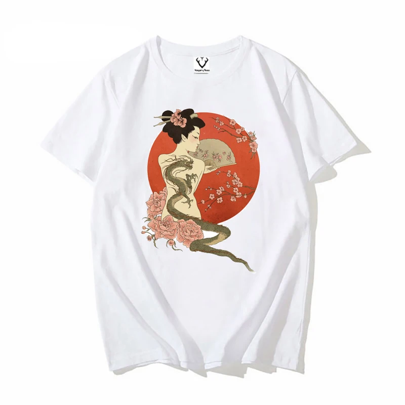 Japanese Ukiyoe style geisha t-shirt homme casual short sleeve A dragon's Tale tshirt men white vintage tshirt unisex streetwear