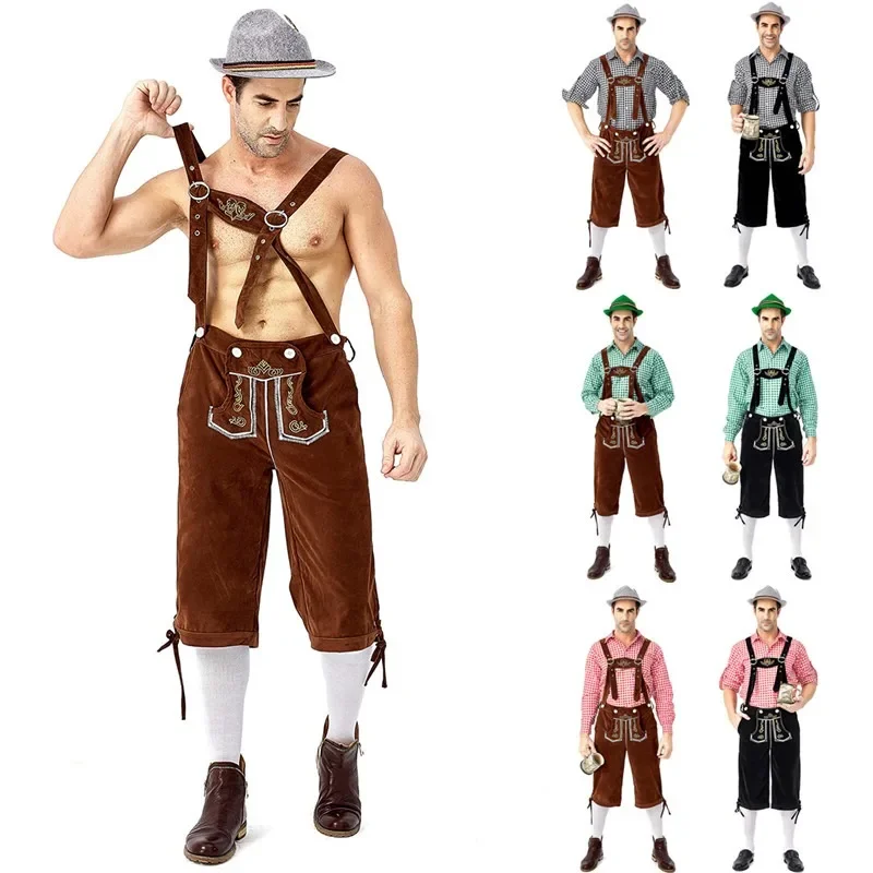 Men Costumes Clothing Adults Oktoberfest German Bavarian Shorts Outfit Overalls Shirt Hat Suspenders Short Set Halloween Costume